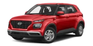 Hyundai Venue rouge en présentation studio, SUV économique et maniable parfait pour la location touristique au Costa Rica