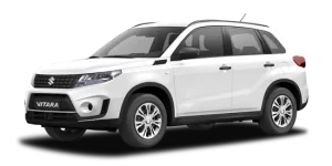 Modèle Suzuki Vitara 4x4 blanc en présentation studio, SUV compact et économique en location au Costa Rica