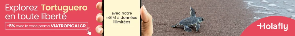 Promotion Holafly eSIM illimitée avec bébé tortue marine sur la plage de Tortuguero, Costa Rica